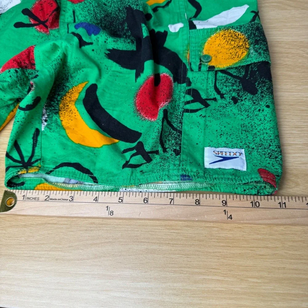 VTG Speedo Green Abstract Print Swim Trunks Mens XL Cargo Pocket Funky Pop Art